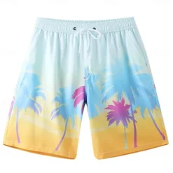 Discount OUKU Men's Shorts Beach Shorts Pocket Drawstring Elastic Waist Graphic Leaf Tree Breathable Quick Dry Knee Length Outdoor Vacation Home Vacation Ethnic Style Lake blue Dark Blue / Red Micro-elastic
