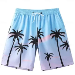 Discount OUKU Men's Shorts Beach Shorts Pocket Drawstring Elastic Waist Graphic Leaf Tree Breathable Quick Dry Knee Length Outdoor Vacation Home Vacation Ethnic Style Lake blue Dark Blue / Red Micro-elastic