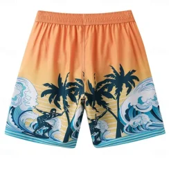 Discount OUKU Men's Shorts Beach Shorts Pocket Drawstring Elastic Waist Graphic Leaf Tree Breathable Quick Dry Knee Length Outdoor Vacation Home Vacation Ethnic Style Lake blue Dark Blue / Red Micro-elastic