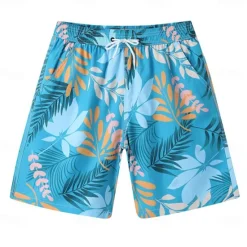 Discount OUKU Men's Shorts Beach Shorts Drawstring Graphic Leaf Animal Breathable Quick Dry Knee Length Outdoor Vacation Home Vacation Ethnic Style Lake blue ArmyGreen Stretchy