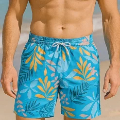 Discount OUKU Men's Shorts Beach Shorts Drawstring Graphic Leaf Animal Breathable Quick Dry Knee Length Outdoor Vacation Home Vacation Ethnic Style Lake blue ArmyGreen Stretchy