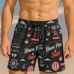 OUKU Men's Shorts Beach Shorts Drawstring Graphic Letter Abstract Breathable Quick Dry Knee Length Outdoor Vacation Home Vacation Ethnic Style Lake blue White & Blue Stretchy