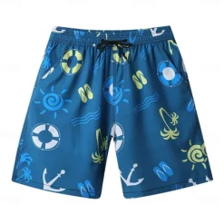 OUKU Men's Shorts Beach Shorts Drawstring Graphic Letter Abstract Breathable Quick Dry Knee Length Outdoor Vacation Home Vacation Ethnic Style Lake blue White & Blue Stretchy