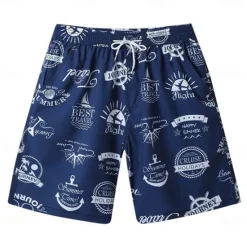 OUKU Men's Shorts Beach Shorts Drawstring Graphic Letter Abstract Breathable Quick Dry Knee Length Outdoor Vacation Home Vacation Ethnic Style Lake blue White & Blue Stretchy