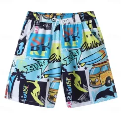 OUKU Men's Shorts Beach Shorts Drawstring Graphic Letter Abstract Breathable Quick Dry Knee Length Outdoor Vacation Home Vacation Ethnic Style Lake blue White & Blue Stretchy