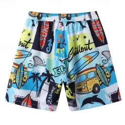 OUKU Men's Shorts Beach Shorts Drawstring Graphic Letter Abstract Breathable Quick Dry Knee Length Outdoor Vacation Home Vacation Ethnic Style Lake blue White & Blue Stretchy