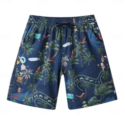 Clearance OUKU Men's Shorts Beach Shorts Drawstring Graphic Leaf Tree Breathable Quick Dry Knee Length Outdoor Vacation Home Vacation Ethnic Style White & Blue Dark Blue Micro-elastic