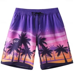 Discount OUKU Men's Shorts Beach Shorts Pocket Drawstring Print Graphic Leaf Tree Breathable Quick Dry Knee Length Outdoor Vacation Home Vacation Ethnic Style Lake blue Dark Blue / Red Micro-elastic