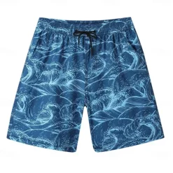 Hot OUKU Men's Shorts Beach Shorts Drawstring Ocean Abstract Abstract Art Breathable Quick Dry Knee Length Outdoor Vacation Home Vacation Ethnic Style Lake blue Navy Blue Stretchy