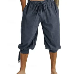 Hot OUKU Men's Shorts Cotton Linen Shorts Summer Shorts Beach Shorts Pocket Drawstring Elastic Waist Plain Comfort Breathable Knee Length Vacation Holiday Beach Hawaiian Boho Black White Micro-elastic