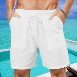Online OUKU Men's Shorts Cotton Linen Shorts Summer Shorts Beach Shorts Pocket Drawstring Elastic Waist Plain Comfort Breathable Short Vacation Holiday Beach Hawaiian Boho Black White