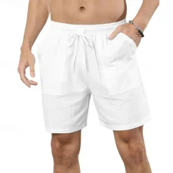 Online OUKU Men's Shorts Cotton Linen Shorts Summer Shorts Beach Shorts Pocket Drawstring Elastic Waist Plain Comfort Breathable Short Vacation Holiday Beach Hawaiian Boho Black White