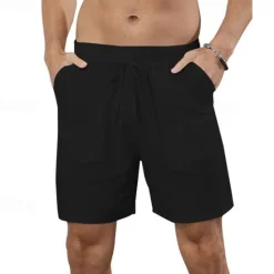 Online OUKU Men's Shorts Cotton Linen Shorts Summer Shorts Beach Shorts Pocket Drawstring Elastic Waist Plain Comfort Breathable Short Vacation Holiday Beach Hawaiian Boho Black White