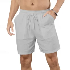 Online OUKU Men's Shorts Cotton Linen Shorts Summer Shorts Beach Shorts Pocket Drawstring Elastic Waist Plain Comfort Breathable Short Vacation Holiday Beach Hawaiian Boho Black White