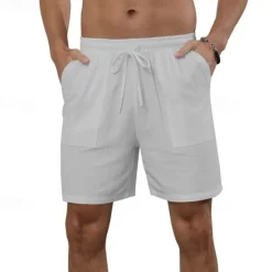 Online OUKU Men's Shorts Cotton Linen Shorts Summer Shorts Beach Shorts Pocket Drawstring Elastic Waist Plain Comfort Breathable Short Vacation Holiday Beach Hawaiian Boho Black White