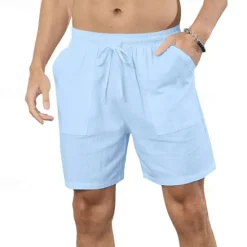 Online OUKU Men's Shorts Cotton Linen Shorts Summer Shorts Beach Shorts Pocket Drawstring Elastic Waist Plain Comfort Breathable Short Vacation Holiday Beach Hawaiian Boho Black White