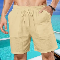 Online OUKU Men's Shorts Cotton Linen Shorts Summer Shorts Beach Shorts Pocket Drawstring Elastic Waist Plain Comfort Breathable Short Vacation Holiday Beach Hawaiian Boho Black White