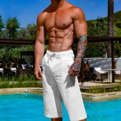 Hot OUKU Men's Shorts Linen Shorts Summer Shorts Beach Shorts Pocket Drawstring Elastic Waist Plain Comfort Breathable Short Vacation Holiday Beach Hawaiian Boho Black White