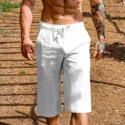 Hot OUKU Men's Shorts Linen Shorts Summer Shorts Beach Shorts Pocket Drawstring Elastic Waist Plain Comfort Breathable Short Vacation Holiday Beach Hawaiian Boho Black White