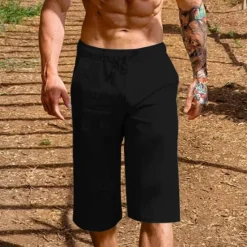 Hot OUKU Men's Shorts Linen Shorts Summer Shorts Beach Shorts Pocket Drawstring Elastic Waist Plain Comfort Breathable Short Vacation Holiday Beach Hawaiian Boho Black White