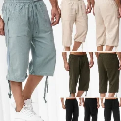 Sale OUKU Men's Shorts Linen Shorts Summer Shorts Beach Shorts Capri Pants Drawstring Elastic Waist Front Pocket Plain Comfort Breathable Calf-Length Sports Outdoor Daily Stylish Casual / Sporty Blue Khaki