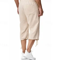 Sale OUKU Men's Shorts Linen Shorts Summer Shorts Beach Shorts Capri Pants Drawstring Elastic Waist Front Pocket Plain Comfort Breathable Calf-Length Sports Outdoor Daily Stylish Casual / Sporty Blue Khaki