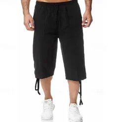 Sale OUKU Men's Shorts Linen Shorts Summer Shorts Beach Shorts Capri Pants Drawstring Elastic Waist Front Pocket Plain Comfort Breathable Calf-Length Sports Outdoor Daily Stylish Casual / Sporty Blue Khaki