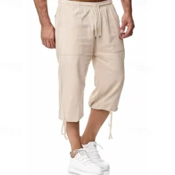 Sale OUKU Men's Shorts Linen Shorts Summer Shorts Beach Shorts Capri Pants Drawstring Elastic Waist Front Pocket Plain Comfort Breathable Calf-Length Sports Outdoor Daily Stylish Casual / Sporty Blue Khaki