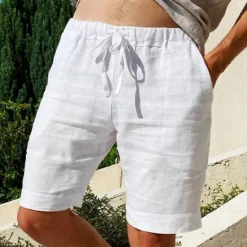 Outlet OUKU Men's Shorts Linen Shorts Summer Shorts Pocket Elastic Waist Drawstring Plain Outdoor Daily Going out Holiday Casual Black White