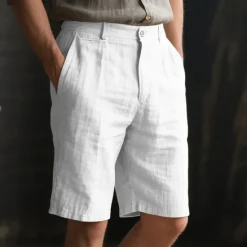 New OUKU Men's Shorts Linen Shorts Summer Shorts Beach Shorts Buttons Pocket Plain Comfort Breathable Short Vacation Holiday Beach Hawaiian Boho White Khaki