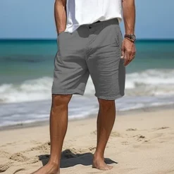 Clearance OUKU Men's Shorts Linen Shorts Dress Shorts Summer Shorts Buttons Pocket Straight Leg Plain Comfort Breathable Short Casual Daily Holiday Fashion Designer White Sky Blue