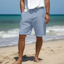 Clearance OUKU Men's Shorts Linen Shorts Dress Shorts Summer Shorts Buttons Pocket Straight Leg Plain Comfort Breathable Short Casual Daily Holiday Fashion Designer White Sky Blue