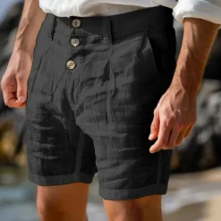 Discount OUKU Men's Shorts Linen Shorts Summer Shorts Beach Shorts Buttons Pocket Straight Leg Plain Comfort Breathable Knee Length Daily Holiday Beach Fashion Streetwear Black White Inelastic
