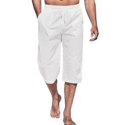 Online OUKU Men's Shorts Linen Shorts Summer Shorts Capri Pants Pocket Plain Comfort Breathable Outdoor Daily Going out Linen / Cotton Blend Fashion Streetwear Black White