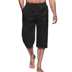 Online OUKU Men's Shorts Linen Shorts Summer Shorts Capri Pants Pocket Plain Comfort Breathable Outdoor Daily Going out Linen / Cotton Blend Fashion Streetwear Black White