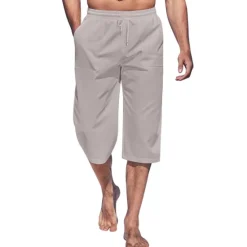 Online OUKU Men's Shorts Linen Shorts Summer Shorts Capri Pants Pocket Plain Comfort Breathable Outdoor Daily Going out Linen / Cotton Blend Fashion Streetwear Black White