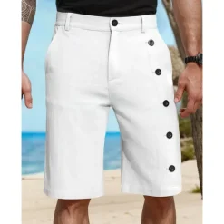 Clearance OUKU Men's Shorts Linen Shorts Summer Shorts Pocket Side Button Straight Leg Solid Color Comfort Breathable Knee Length Casual Daily Vacation Fashion White Green Inelastic