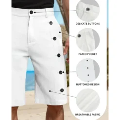 Clearance OUKU Men's Shorts Linen Shorts Summer Shorts Pocket Side Button Straight Leg Solid Color Comfort Breathable Knee Length Casual Daily Vacation Fashion White Green Inelastic