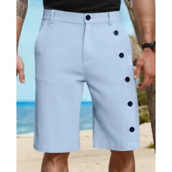 Clearance OUKU Men's Shorts Linen Shorts Summer Shorts Pocket Side Button Straight Leg Solid Color Comfort Breathable Knee Length Casual Daily Vacation Fashion White Green Inelastic