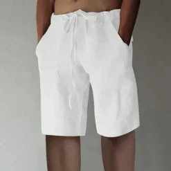 Online OUKU Men's Shorts Linen Shorts Summer Shorts Baggy Shorts Drawstring Elastic Waist Straight Leg Plain Comfort Breathable Short Sports Outdoor Daily Stylish Big and Tall White Yellow