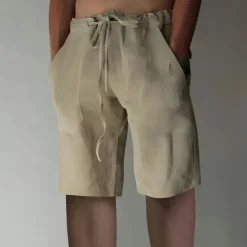 Online OUKU Men's Shorts Linen Shorts Summer Shorts Baggy Shorts Drawstring Elastic Waist Straight Leg Plain Comfort Breathable Short Sports Outdoor Daily Stylish Big and Tall White Yellow