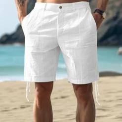 Clearance OUKU Men's Shorts Linen Shorts Summer Shorts Buttons Pocket Plain Comfort Breathable Short Casual Daily Holiday Fashion Designer White Navy Blue