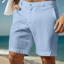 Hot OUKU Men's Shorts Linen Shorts Dress Shorts Summer Shorts Beach Shorts Pocket Buttons Plain Comfort Breathable Knee Length Formal Daily Holiday Vacation Fashion White Sky Blue Inelastic