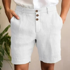 Online OUKU Men's Shorts Linen Shorts Summer Shorts Beach Shorts Buttons Pocket Straight Leg Plain Comfort Breathable Short Casual Daily Holiday Fashion Designer Black White