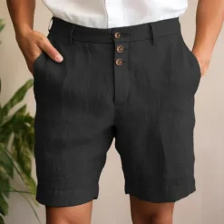 Online OUKU Men's Shorts Linen Shorts Summer Shorts Beach Shorts Buttons Pocket Straight Leg Plain Comfort Breathable Short Casual Daily Holiday Fashion Designer Black White
