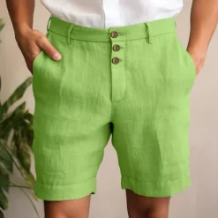 Online OUKU Men's Shorts Linen Shorts Summer Shorts Beach Shorts Buttons Pocket Straight Leg Plain Comfort Breathable Short Casual Daily Holiday Fashion Designer Black White