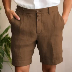 Online OUKU Men's Shorts Linen Shorts Summer Shorts Beach Shorts Buttons Pocket Straight Leg Plain Comfort Breathable Short Casual Daily Holiday Fashion Designer Black White