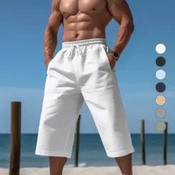 Best OUKU Men's Shorts Linen Shorts Beach Shorts Capri Pants Drawstring Elastic Waist Plain Comfort Breathable Calf-Length Outdoor Daily Holiday Vacation Casual Black White