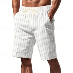 Discount OUKU Men's Shorts Linen Shorts Summer Shorts Beach Shorts Pocket Drawstring Elastic Waist Stripes Comfort Breathable Short Vacation Holiday Beach Hawaiian Boho Black White