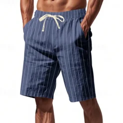 Discount OUKU Men's Shorts Linen Shorts Summer Shorts Beach Shorts Pocket Drawstring Elastic Waist Stripes Comfort Breathable Short Vacation Holiday Beach Hawaiian Boho Black White